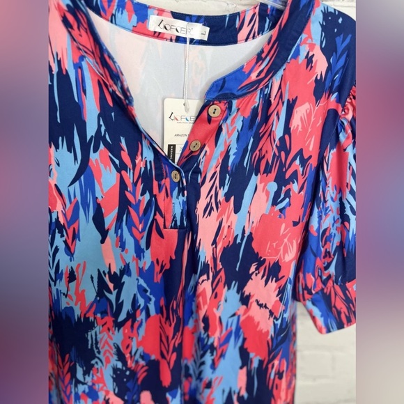 Liofoer New Women’s Top T-shirt 3 Button Front shorts Puff Sleeves L Blue Red - Picture 7 of 9